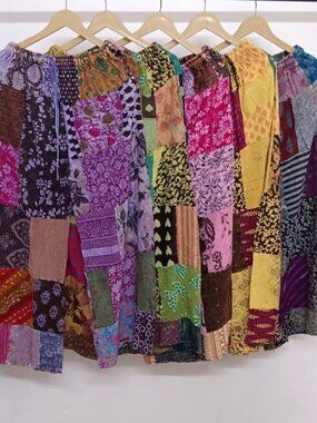 Boho Elastic Waist Patchwork Harem Pants with Pocket; one size; assorted patter